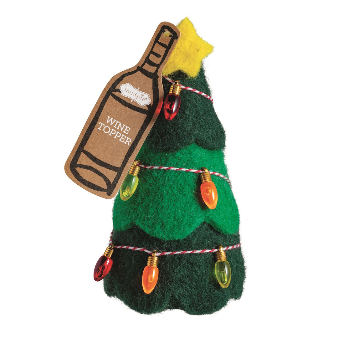 Felt Christmas tree wine toppers with multi-colored lights and a yellow star.