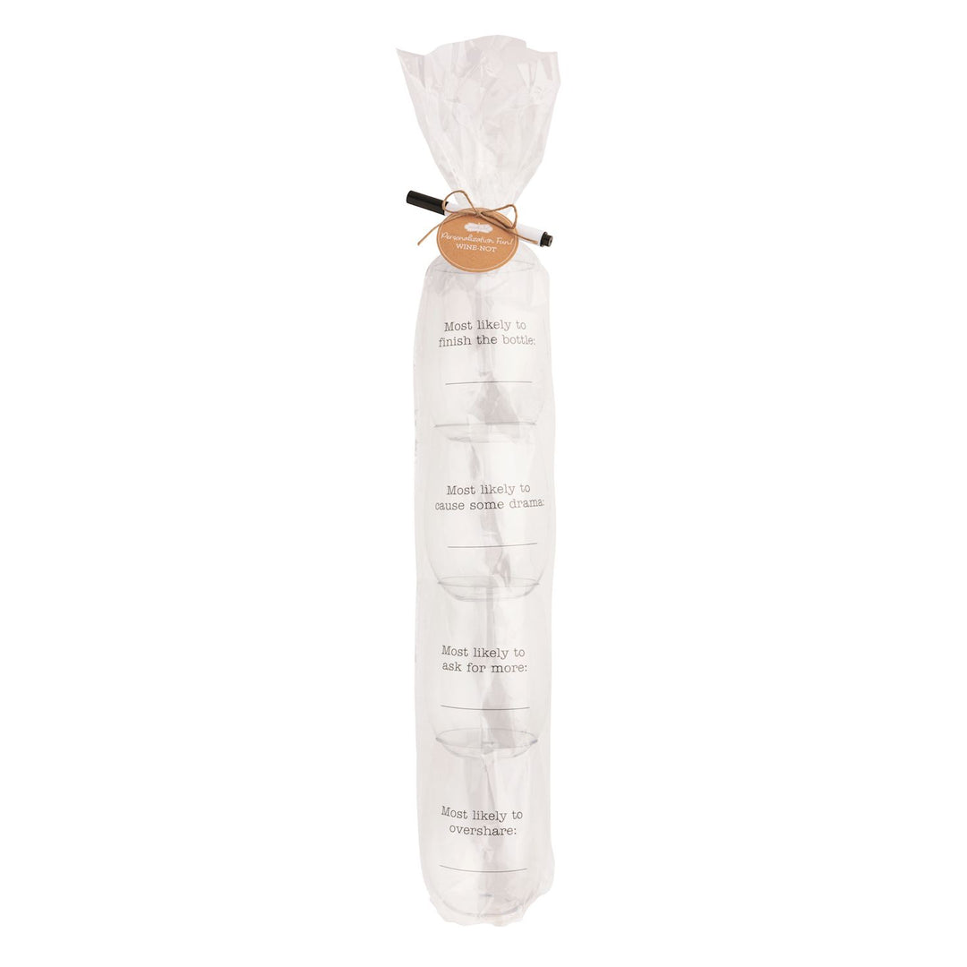 Set of four clear, stemless plastic wine cups (10 oz each), wrapped with tag; includes dry erase marker for customization.