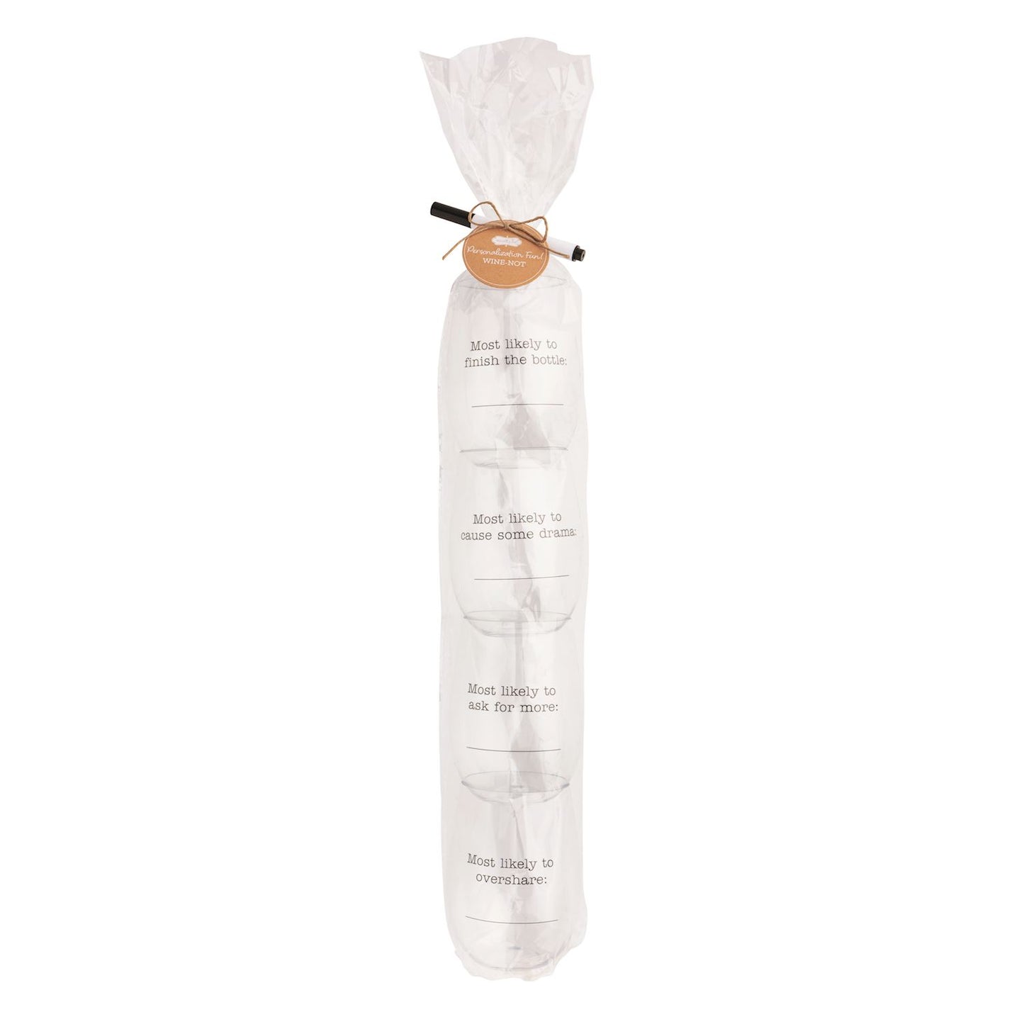 Set of four clear, stemless plastic wine cups (10 oz each), wrapped with tag; includes dry erase marker for customization.