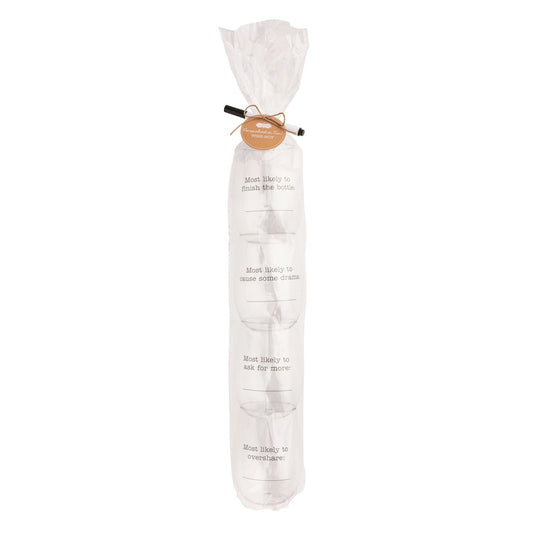 Set of four clear, stemless plastic wine cups (10 oz each), wrapped with tag; includes dry erase marker for customization.