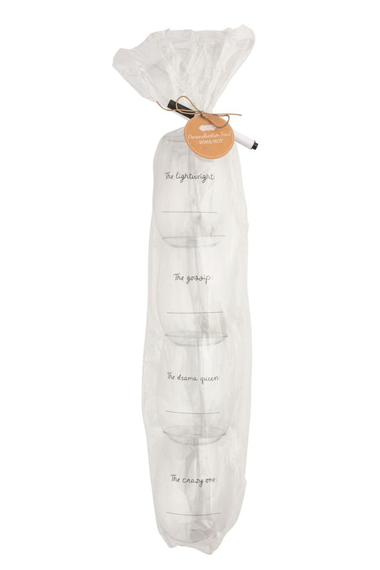 Set of four clear wine cups labeled with personalities, wrapped in plastic. Sizes: standard wine cup size.