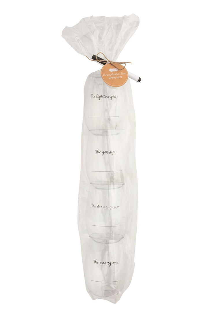 Set of four clear wine cups labeled with personalities, wrapped in plastic. Sizes: standard wine cup size.