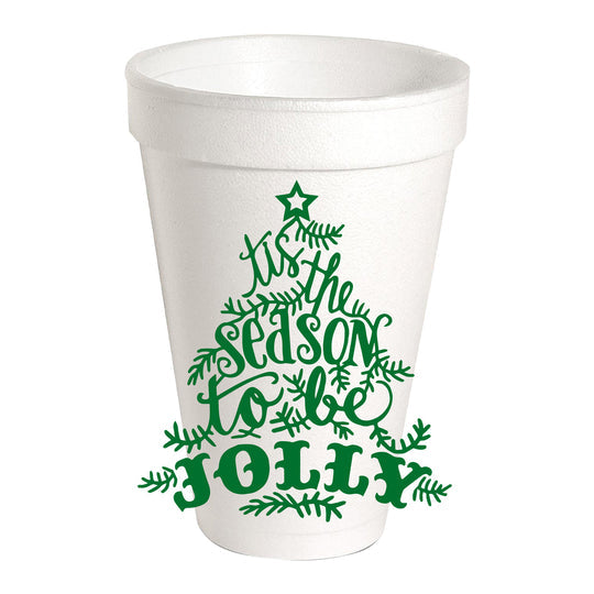 Holiday Styrofoam Cups, 20 oz: disposable cup with green tree-shaped graphic reading “Tis the season to be jolly.”.