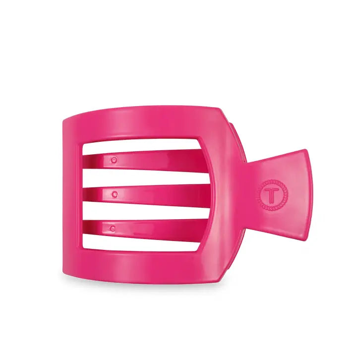 Bright pink TELETIES Square Flat Hair Clip with wide teeth and circular logo side handle. Available in multiple sizes.