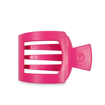 Bright pink TELETIES Square Flat Hair Clip with wide teeth and circular logo side handle. Available in multiple sizes.