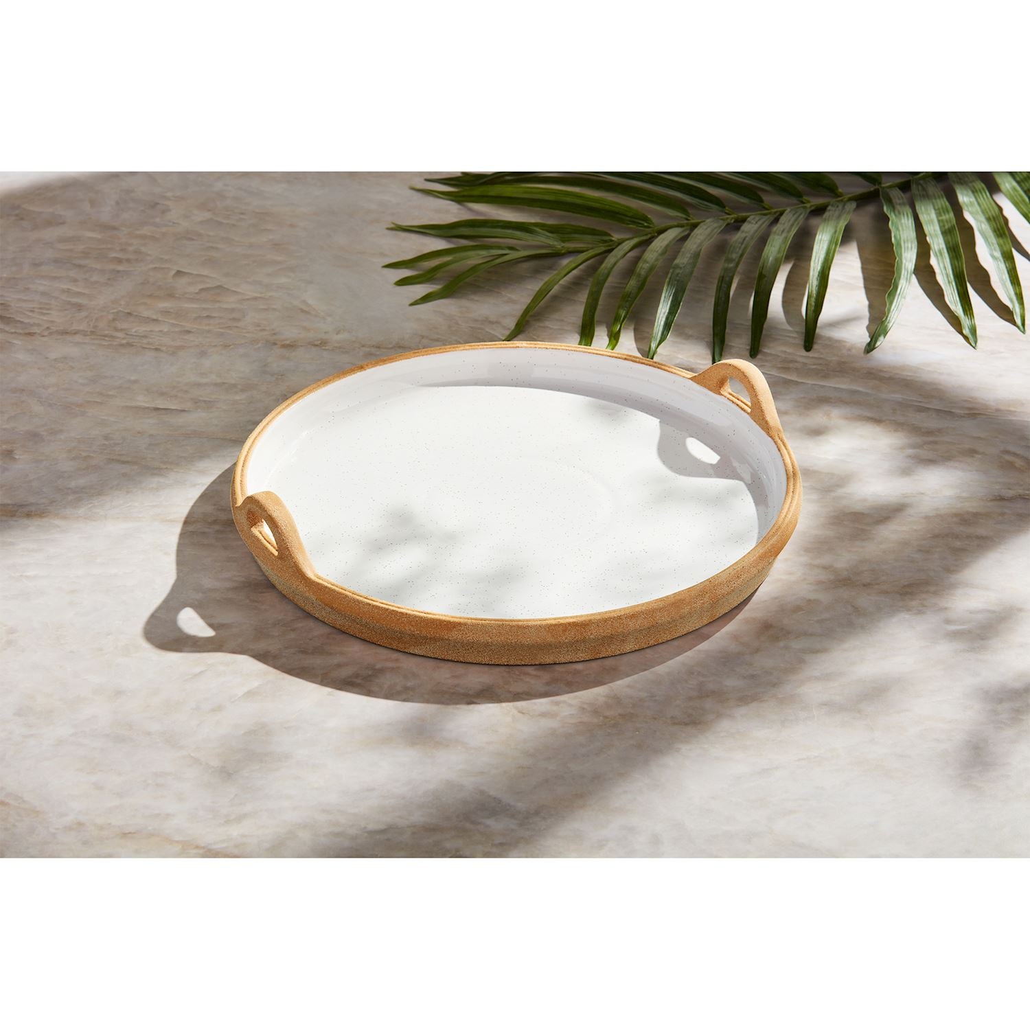 Terracotta Round Platter with two wooden handles. Available sizes: Small, Medium, Large.