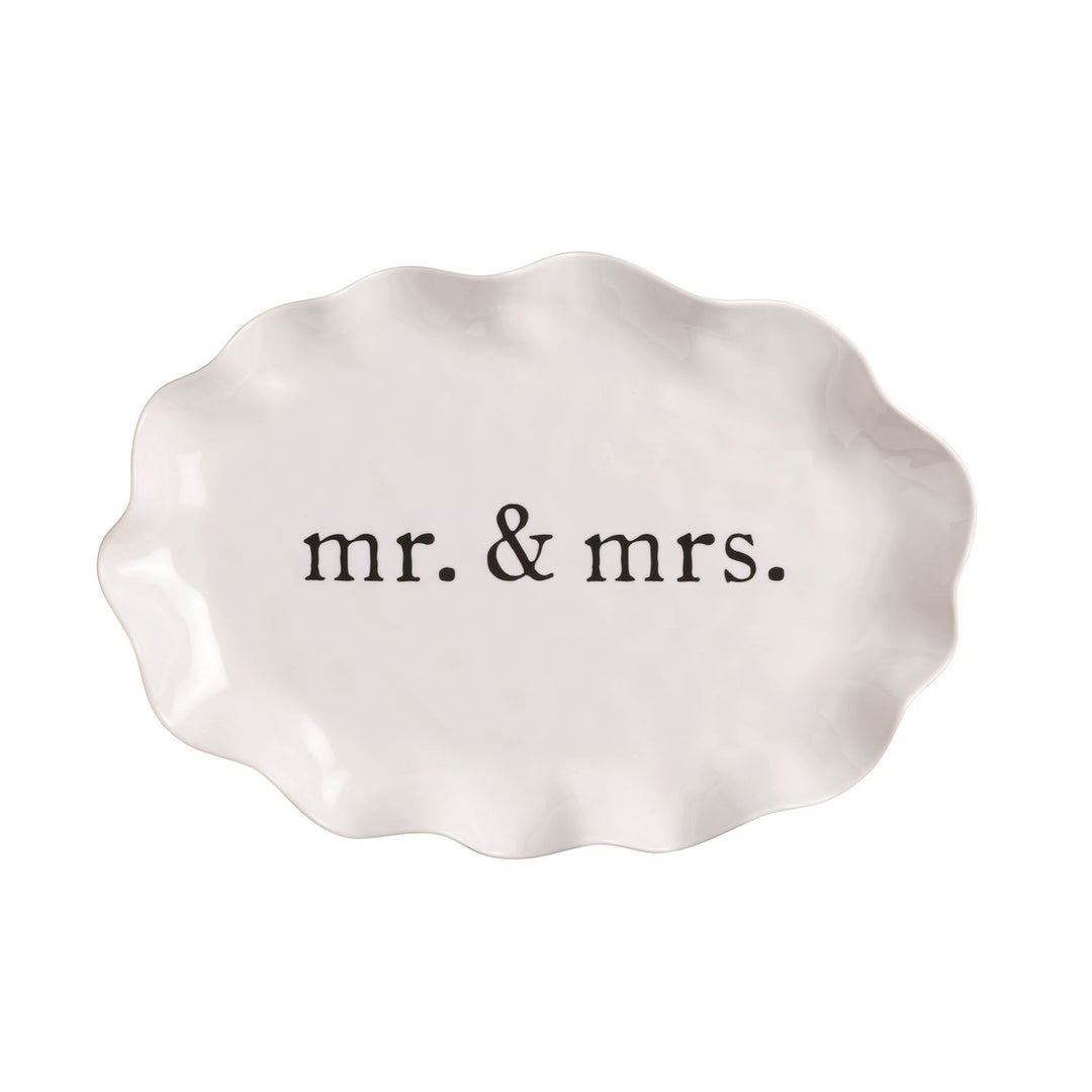 White melamine platter with scalloped edges, “mr. &amp; mrs.” in black; shatterproof; available in 12" and 16".