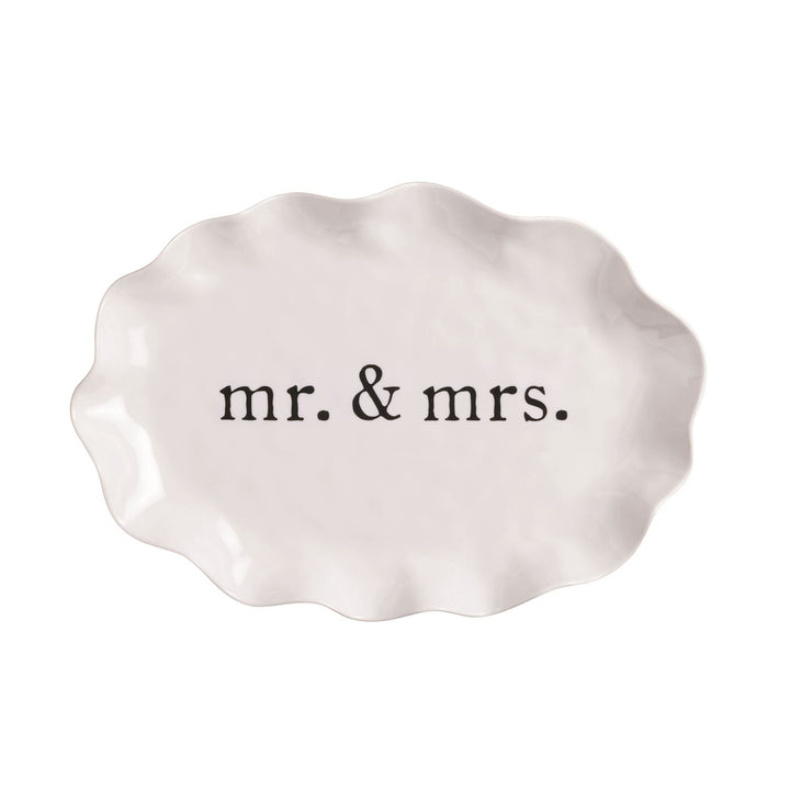 White melamine platter with scalloped edges, “mr. &amp; mrs.” in black; shatterproof; available in 12" and 16".