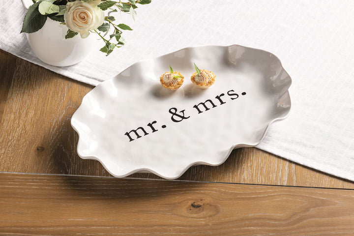 The Mr. &amp; Mrs. Melamine Platter features a white scalloped edge; available in 12" and 16" sizes.