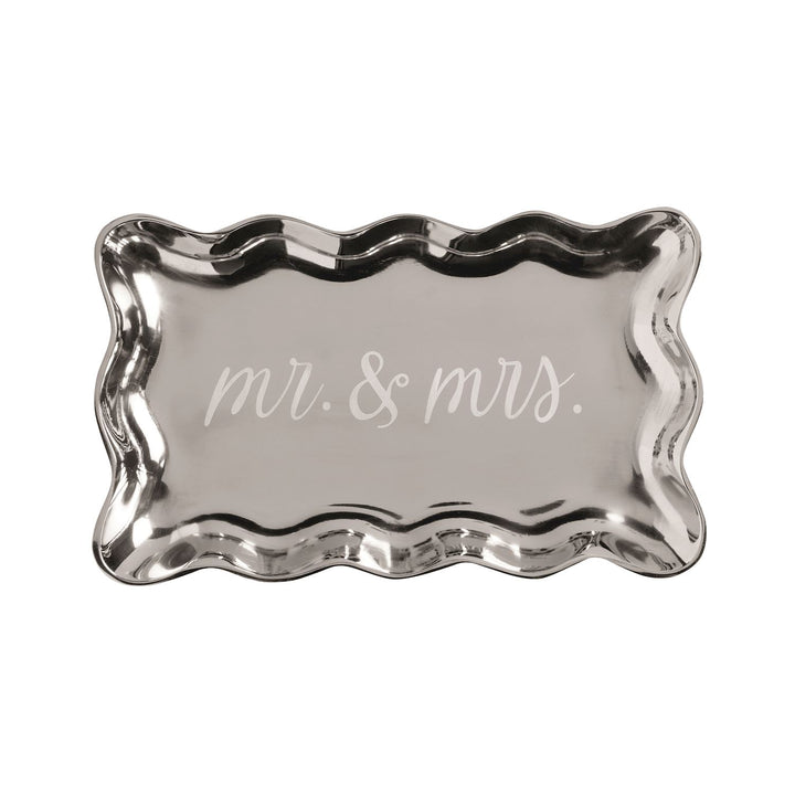 Rectangular silver tray with wavy edges, "mr. &amp; mrs." etched in cursive. Available in multiple sizes.