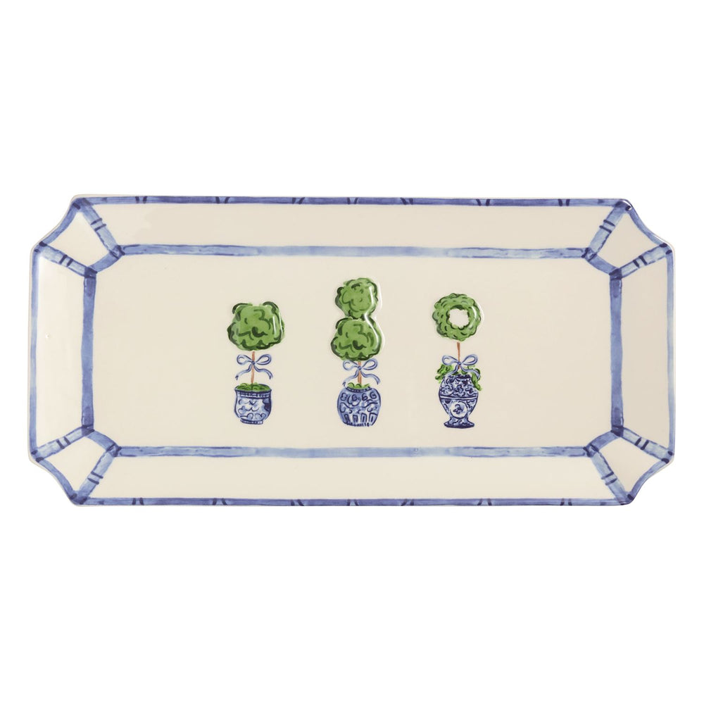 Rectangular dolomite tray with blue border, fluted edge, angled corners, and three topiary plants at center. Sizes available.