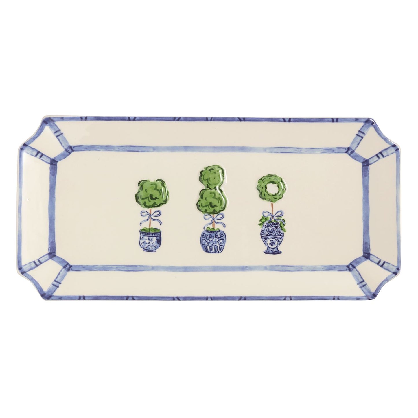 Rectangular dolomite tray with blue border, fluted edge, angled corners, and three topiary plants at center. Sizes available.