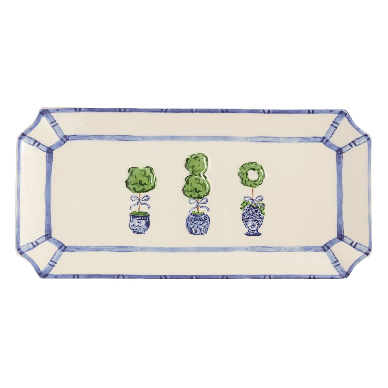 Rectangular dolomite tray with blue border, fluted edge, angled corners, and three topiary plants at center. Sizes available.