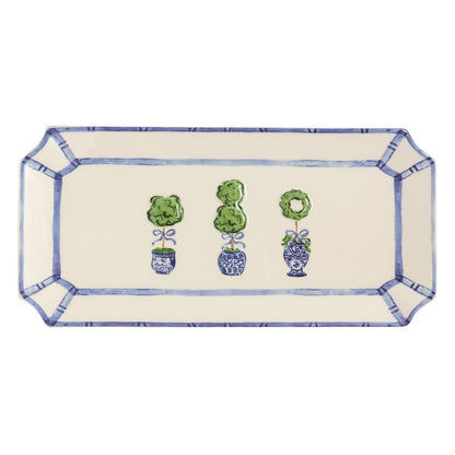 Rectangular dolomite tray with blue border, fluted edge, angled corners, and three topiary plants at center. Sizes available.