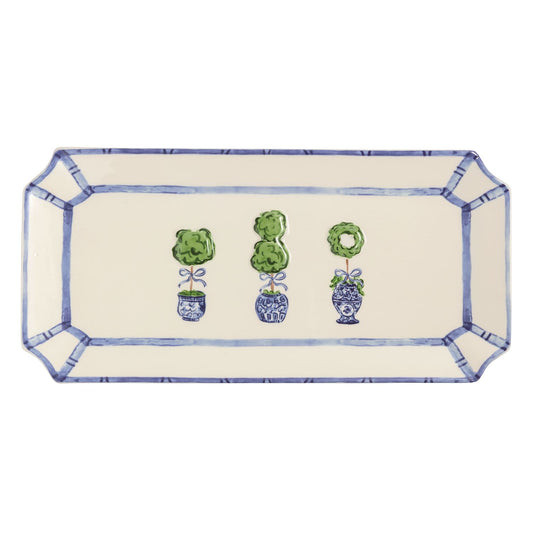 Rectangular dolomite tray with blue border, fluted edge, angled corners, and three topiary plants at center. Sizes available.