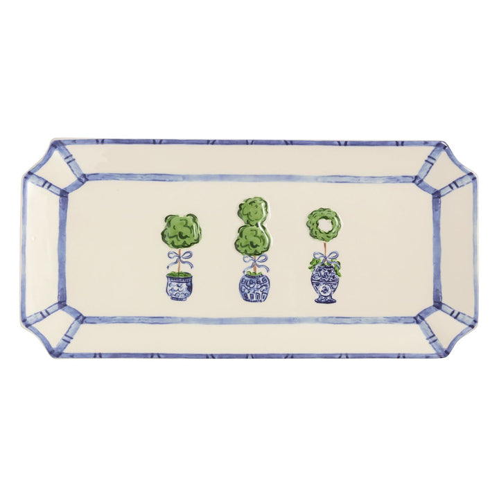 Rectangular dolomite tray with blue border, fluted edge, angled corners, and three topiary plants at center. Sizes available.