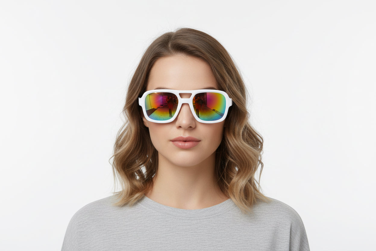 White Rainbow Sunglasses with lightweight frame, UV protection. Available sizes: Small, Medium, Large.