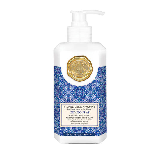 Indigo Seas Hand and Body Lotion, 12 fl oz (354 ml), shea butter, white pump, gold seal, blue floral label.