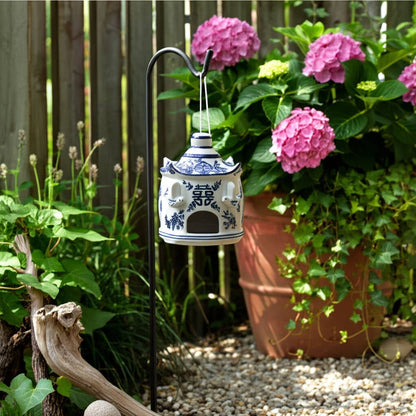 White/Blue Chinoiserie Pagoda Birdhouse, 8 in., on black metal pole. Available size: 8 in.