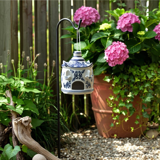 White/Blue Chinoiserie Pagoda Birdhouse, 8 in., on black metal pole. Available size: 8 in.