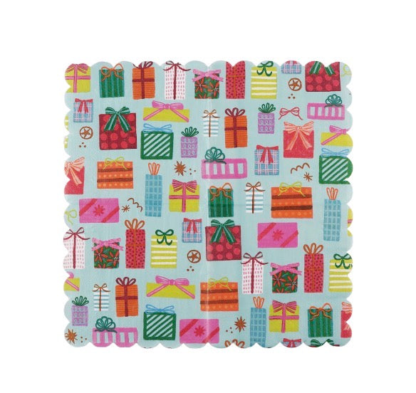 Scalloped Gift Dinner Napkins: square, scalloped edges, colorful gift box pattern.