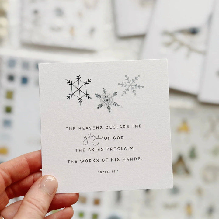 Christmas gift card with three snowflakes and Psalm 19:1 message. Available in standard and mini sizes.