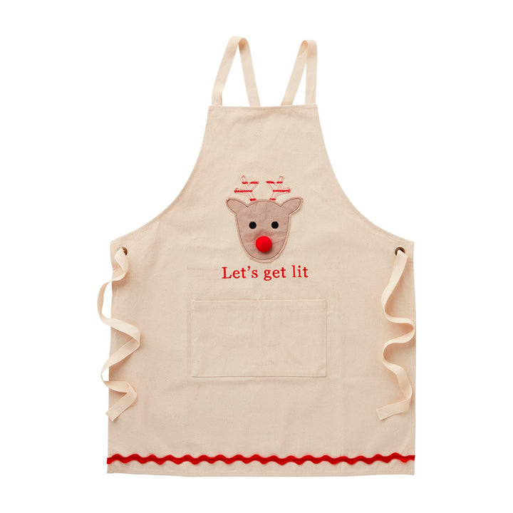 Christmas Light-Up Aprons: light-colored chambray apron with a reindeer graphic, red pom-pom nose, and “Let’s get lit” text above a front pocket.