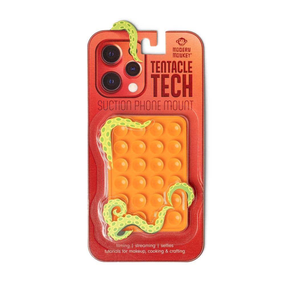 Orange silicone phone mount with green tentacle and bubble texture. Available in small, medium, and large sizes.
