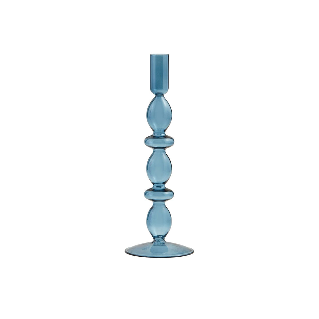 Glass Taper Holder: Tall, blue, hand-blown glass with round base and stacked shapes. Sizes: One size available.