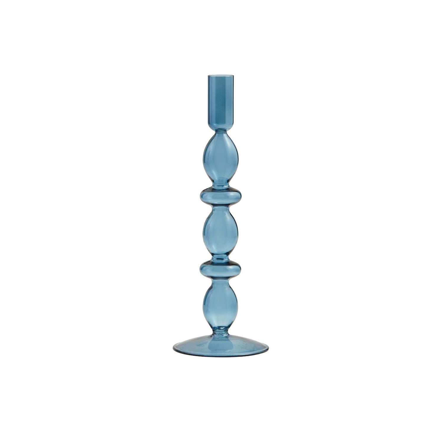 Glass Taper Holder: Tall, blue, hand-blown glass with round base and stacked shapes. Sizes: One size available.