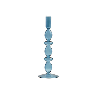 Glass Taper Holder: Tall, blue, hand-blown glass with round base and stacked shapes. Sizes: One size available.