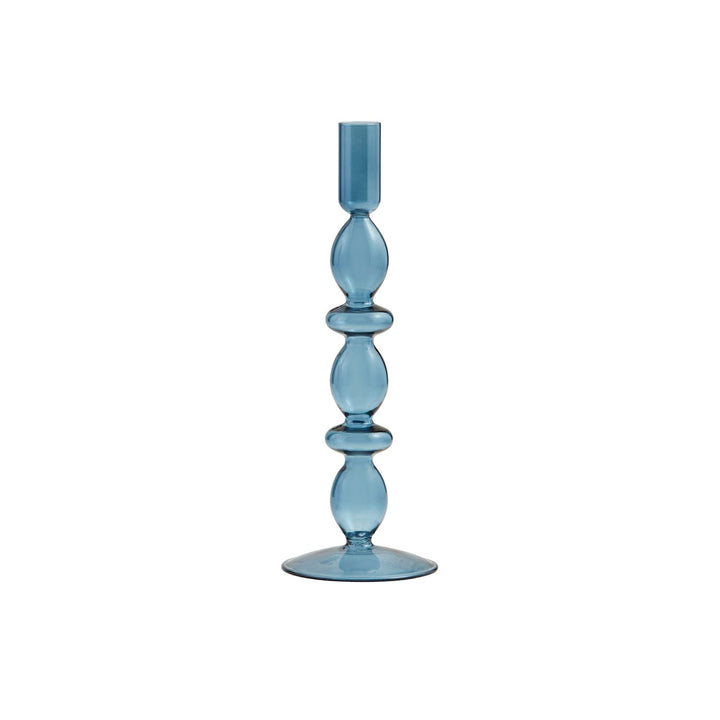 Glass Taper Holder: Tall, blue, hand-blown glass with round base and stacked shapes. Sizes: One size available.