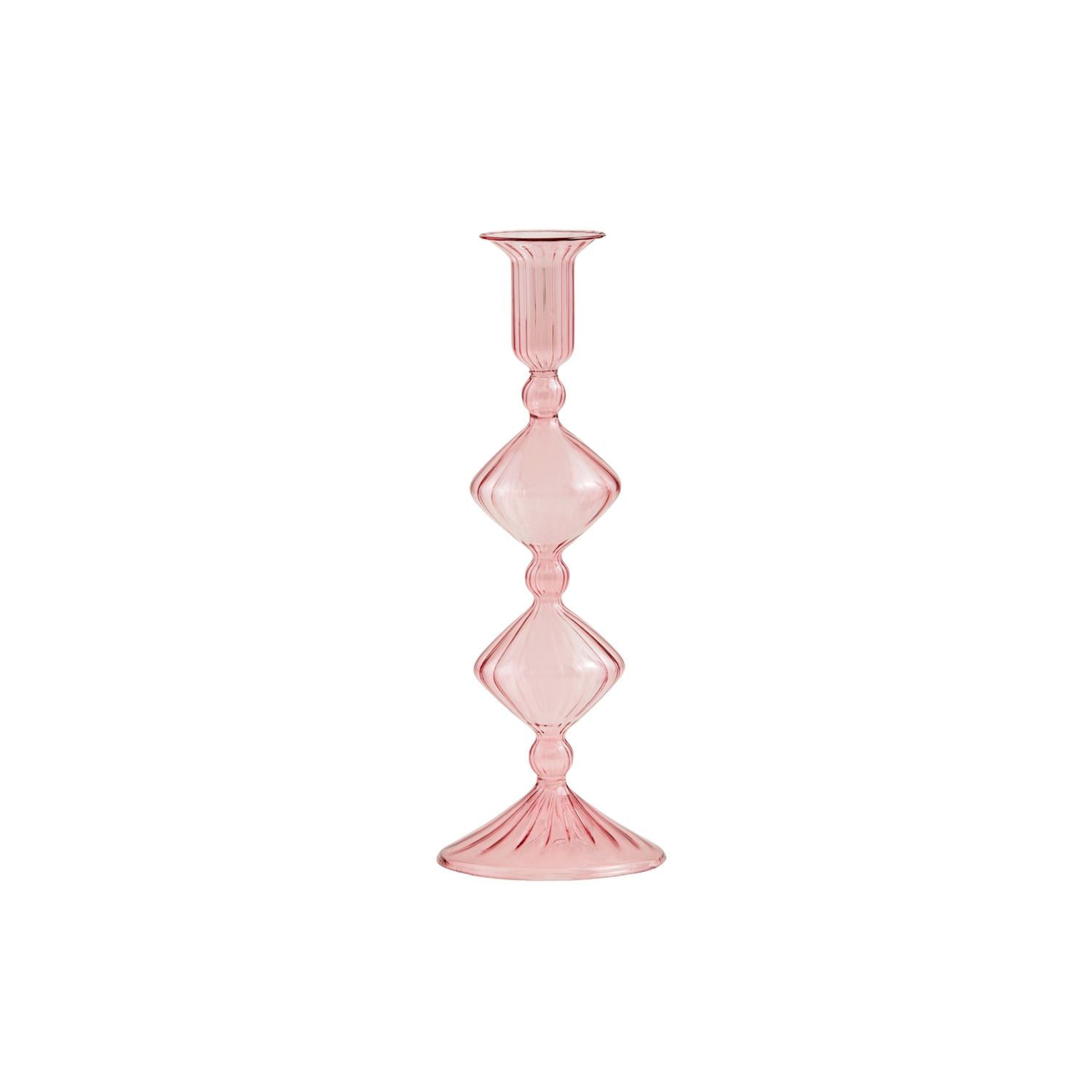 Hand-blown pink Glass Taper Holder with a tall, slim design, features diamond-shaped stem accents and a round, fluted base and top. Sizes available: 10-inch and 12-inch heights.