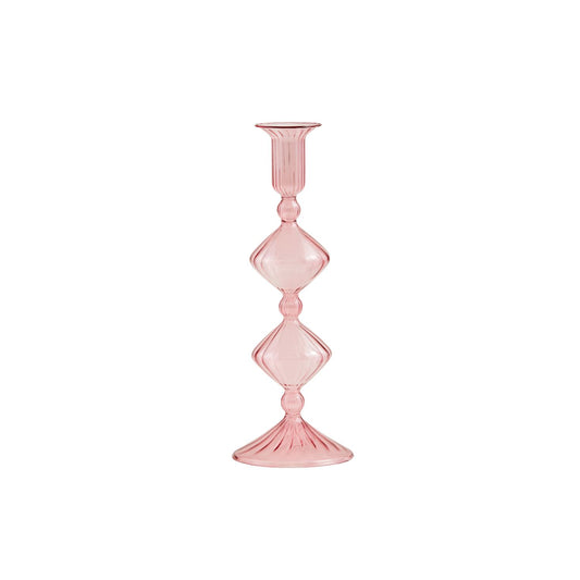 Hand-blown pink Glass Taper Holder with a tall, slim design, features diamond-shaped stem accents and a round, fluted base and top. Sizes available: 10-inch and 12-inch heights.