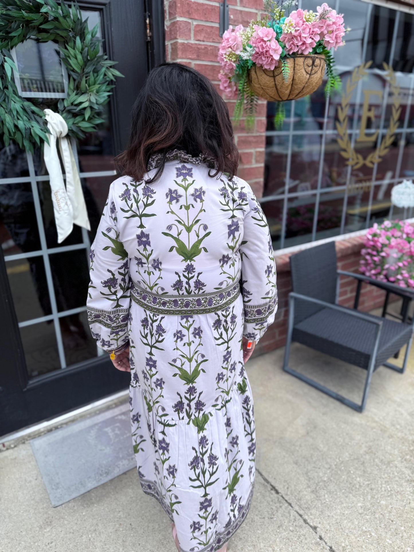 Iris Lavende Caroline Maxi Dress: long, lavender floral hand block print, cotton poplin. Available in sizes XS–XL.