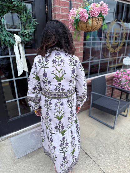 Iris Lavende Caroline Maxi Dress: long, lavender floral hand block print, cotton poplin. Available in sizes XS–XL.