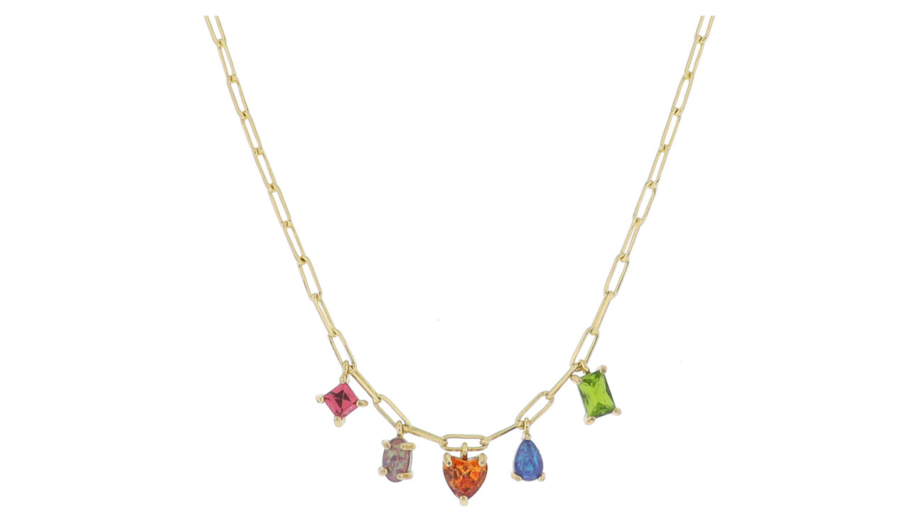 18 karat gold, plated, pink diamond lavender, opal, orange heart green blue opal necklace. 25 inches pendants.