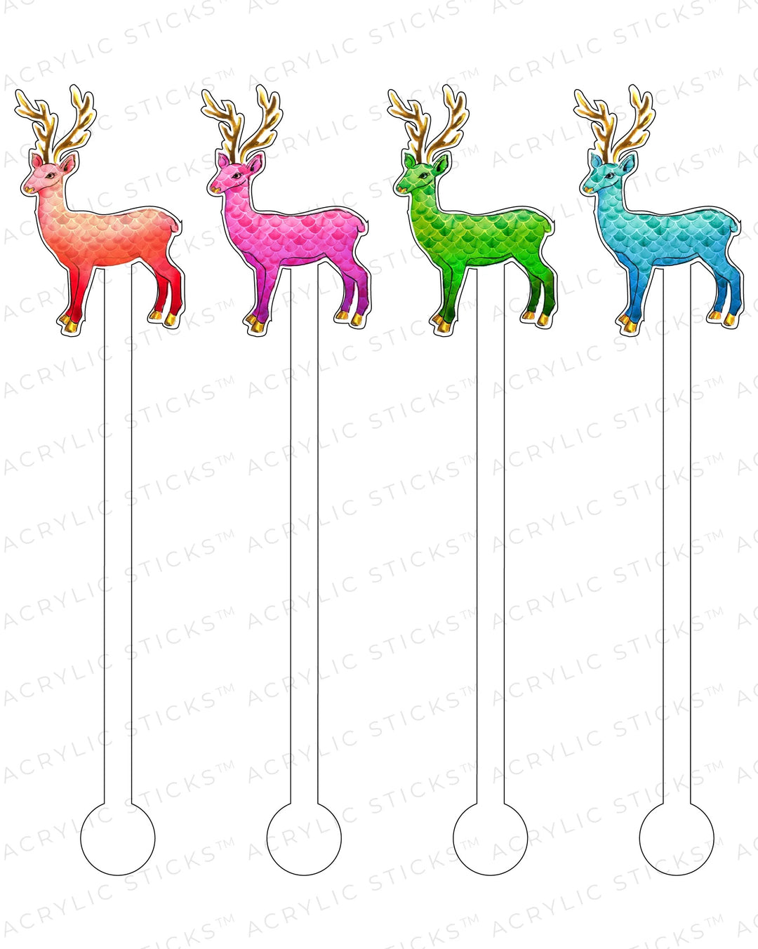 Colorful scalloped reindeer acrylic stir sticks in red, pink, green, and blue with golden antlers.