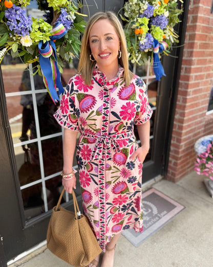 Pink Button-Up Belted Floral Midi Dress; available in sizes XS–XL.