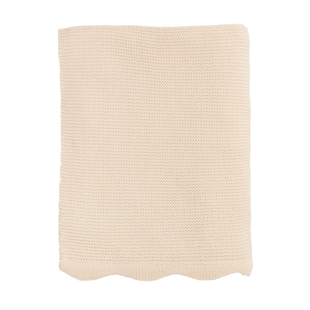 Light beige crochet Scalloped Throw Blanket with ribbed texture and scalloped edge. Available sizes: 50"x60", 60"x80".