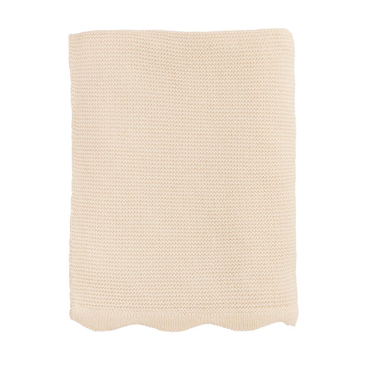 Light beige crochet Scalloped Throw Blanket with ribbed texture and scalloped edge. Available sizes: 50"x60", 60"x80".