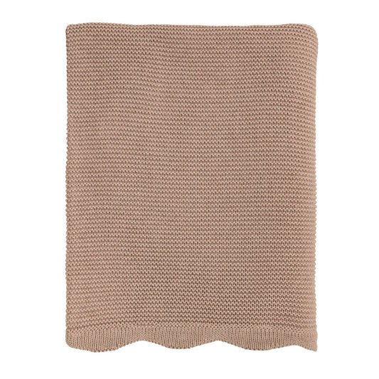Light brown crochet throw blanket with ribbed texture and scalloped edges. Sizes available: standard throw.
