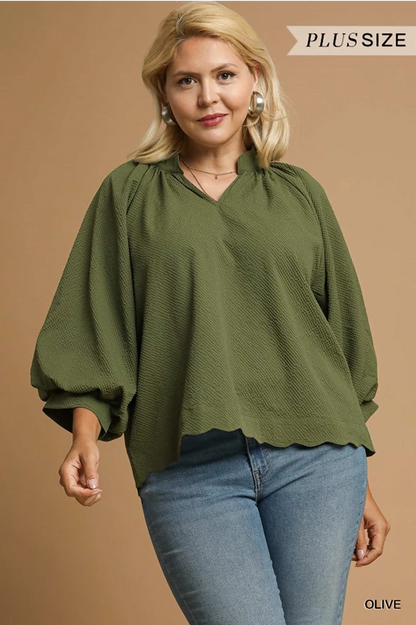 Olive green textured scalloped hem blouse with balloon sleeves, plus size. Available sizes: XL-4X.