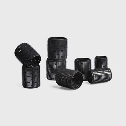 Eight black ceramic thermal rollers in assorted sizes from the Ceramic Hair Roller 8pc Variety Pack.