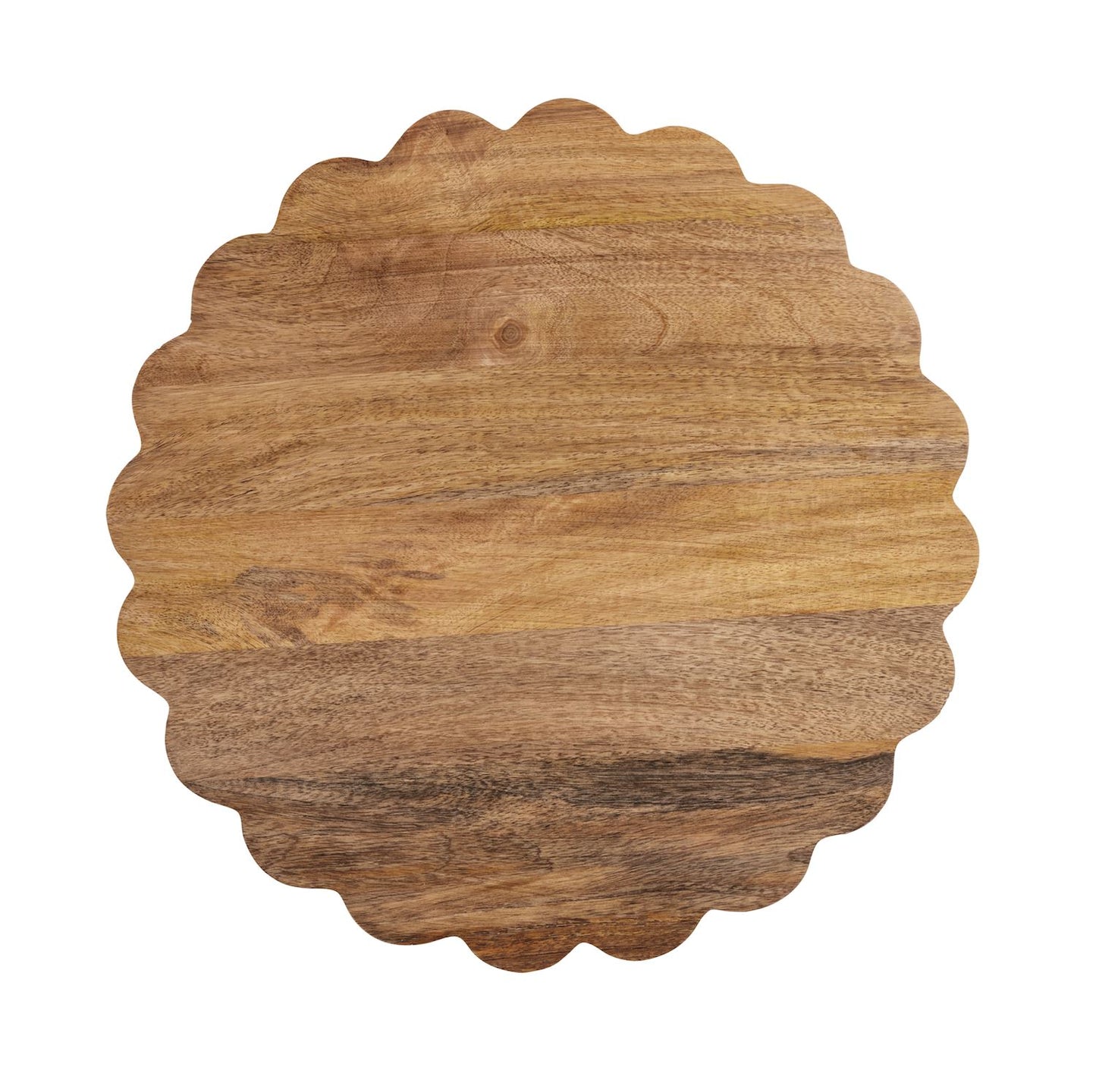 Round mango wood tray with scalloped edge and natural grain. Available in multiple sizes.