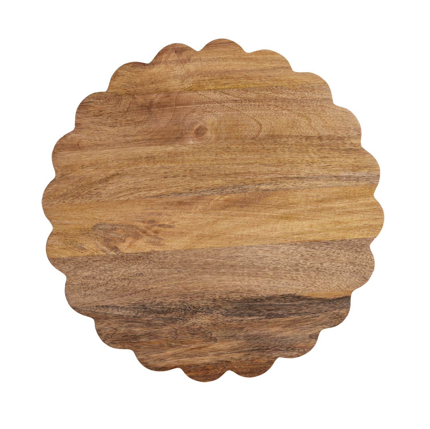 Round mango wood tray with scalloped edge and natural grain. Available in multiple sizes.