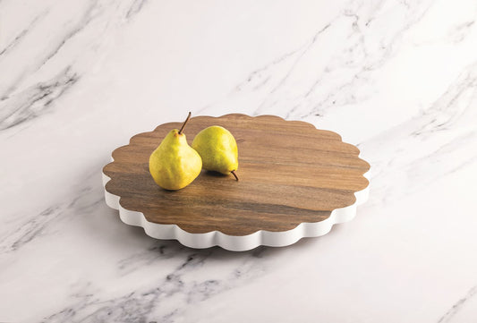 Round scalloped Lazy Susan with white sides, crafted from mango wood. Available in 14", 18", and 24" sizes.