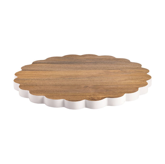 Round wooden Lazy Susan with a white base and scalloped edges; available in multiple sizes.