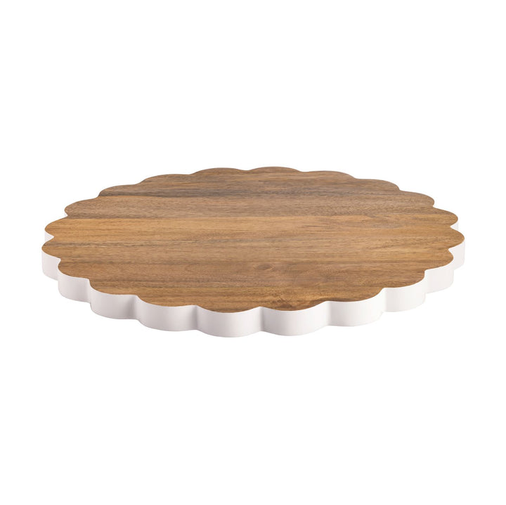 Round wooden Lazy Susan with a white base and scalloped edges; available in multiple sizes.