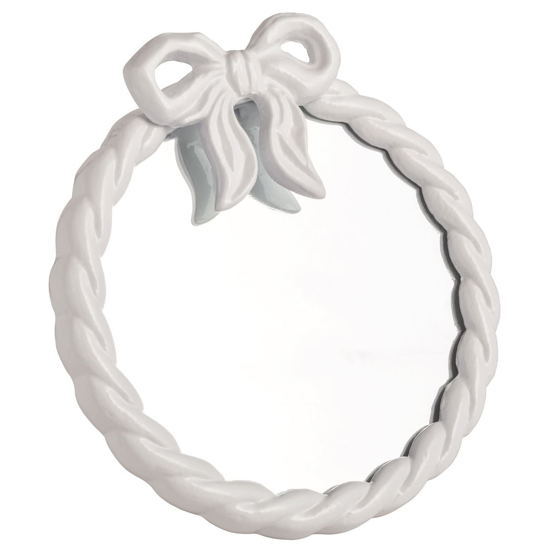 Round Metal Bow Mirror with white braided frame, metal bow accent. Available in small, medium, and large sizes.